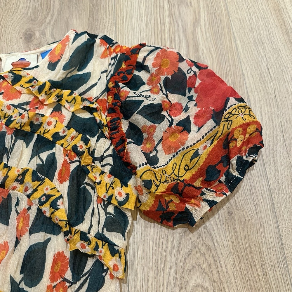 Farm Rio x Anthropologie Puff-Sleeve Fitted Mini Dress. Size L EUC Boho Colorful - Picture 10 of 11